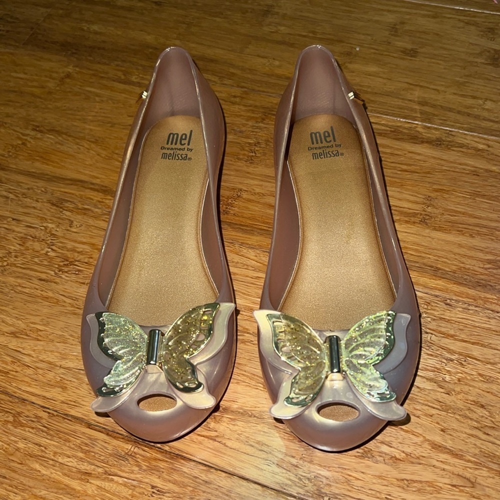 Mini Melissa girls gold peep toe butterfly embellished shoes size 2